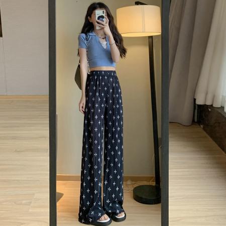 BY13004# 大码裤子百褶高腰显瘦直筒裤子百搭通勤垂感阔腿拖地裤休闲遛弯裤 服裝批發女裝批發服飾貨源