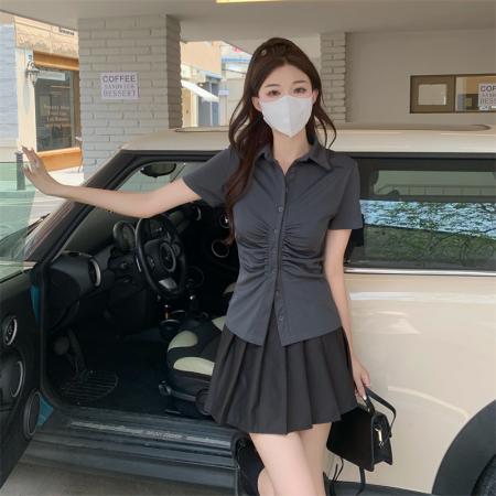 BY13005# 法式复古polo领短袖衬衫女夏辣妹收腰显瘦衬衣设计感上衣 服裝批發女裝批發服飾貨源