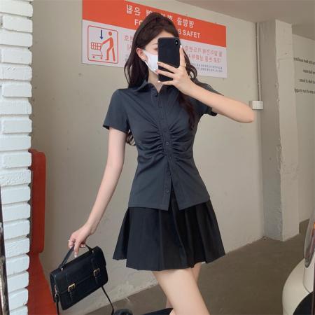 BY13005# 法式复古polo领短袖衬衫女夏辣妹收腰显瘦衬衣设计感上衣 服裝批發女裝批發服飾貨源