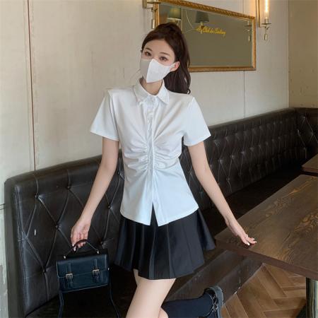 BY13005# 法式复古polo领短袖衬衫女夏辣妹收腰显瘦衬衣设计感上衣 服裝批發女裝批發服飾貨源