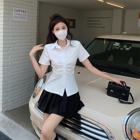 BY13005# 法式复古polo领短袖衬衫女夏辣妹收腰显瘦衬衣设计感上衣 服裝批發女裝批發服飾貨源