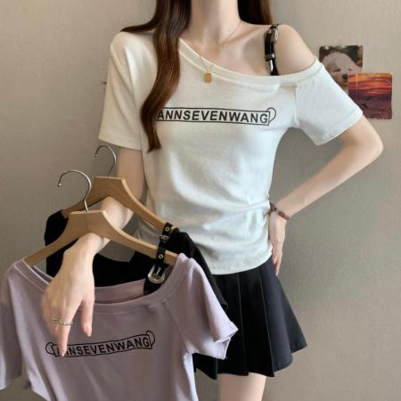 BY13007# 大码胖MM夏季新款美式露单肩字母印花短袖上衣T恤 服裝批發女裝批發服飾貨源