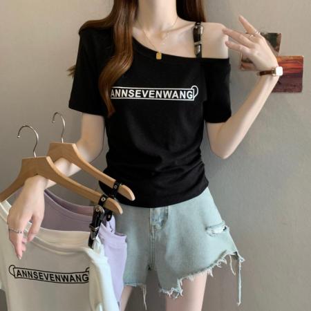 BY13007# 大码胖MM夏季新款美式露单肩字母印花短袖上衣T恤 服裝批發女裝批發服飾貨源