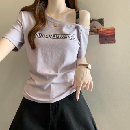 BY13007# 大码胖MM夏季新款美式露单肩字母印花短袖上衣T恤 服裝批發女裝批發服飾貨源