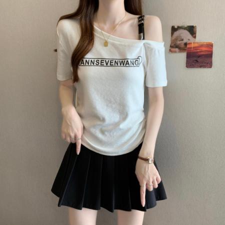 BY13007# 大码胖MM夏季新款美式露单肩字母印花短袖上衣T恤 服裝批發女裝批發服飾貨源