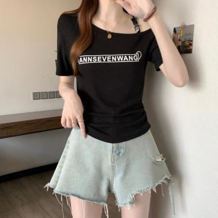 BY13007# 大码胖MM夏季新款美式露单肩字母印花短袖上衣T恤 服裝批發女裝批發服飾貨源