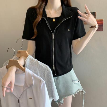 BY13009# 大码胖MM夏季新款假两件双拉链正肩短袖上衣T恤 服裝批發女裝批發服飾貨源