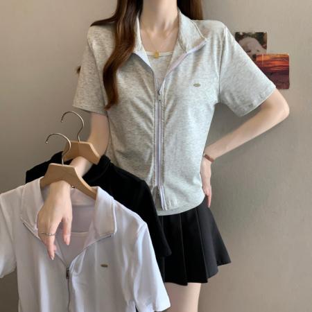 BY13009# 大码胖MM夏季新款假两件双拉链正肩短袖上衣T恤 服裝批發女裝批發服飾貨源