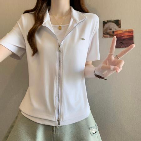 BY13009# 大码胖MM夏季新款假两件双拉链正肩短袖上衣T恤 服裝批發女裝批發服飾貨源