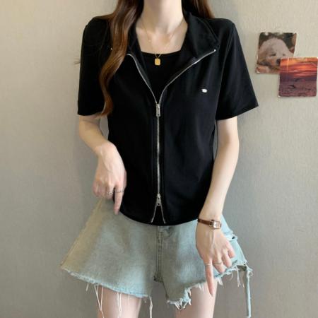 BY13009# 大码胖MM夏季新款假两件双拉链正肩短袖上衣T恤 服裝批發女裝批發服飾貨源