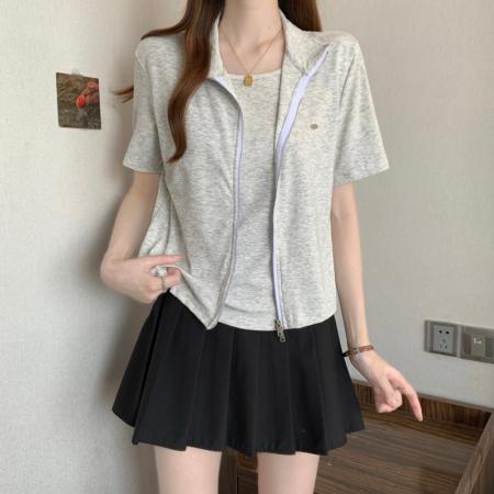 BY13009# 大码胖MM夏季新款假两件双拉链正肩短袖上衣T恤 服裝批發女裝批發服飾貨源