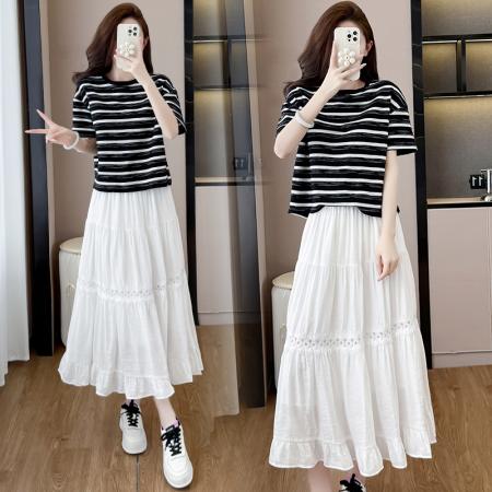 BY13011# 夏新款设计感蝴蝶结圆领短袖T恤+蕾丝拼接洋气显瘦长款a字裙 服裝批發女裝批發服飾貨源