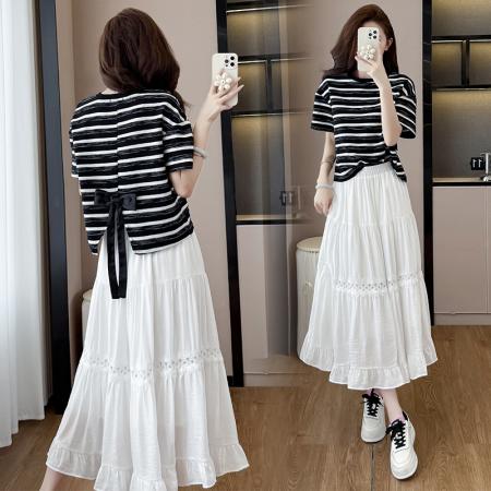BY13011# 夏新款设计感蝴蝶结圆领短袖T恤+蕾丝拼接洋气显瘦长款a字裙 服裝批發女裝批發服飾貨源