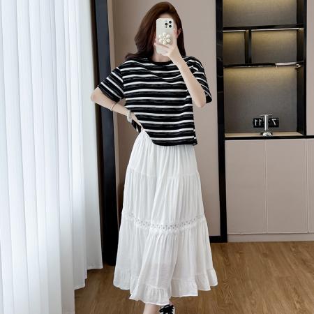 BY13011# 夏新款设计感蝴蝶结圆领短袖T恤+蕾丝拼接洋气显瘦长款a字裙 服裝批發女裝批發服飾貨源