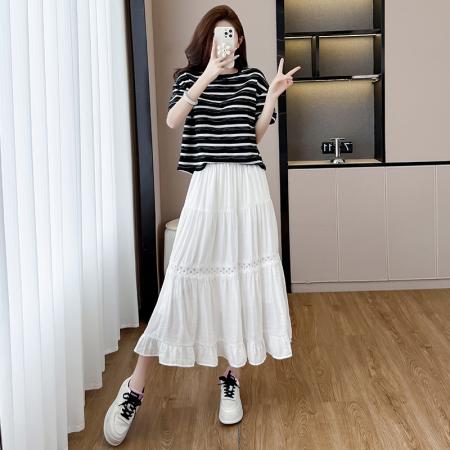 BY13011# 夏新款设计感蝴蝶结圆领短袖T恤+蕾丝拼接洋气显瘦长款a字裙 服裝批發女裝批發服飾貨源