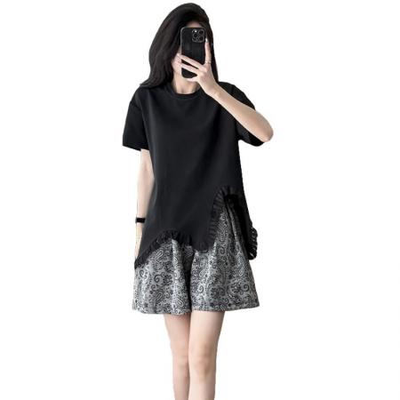 BY13012# 夏季新款时尚显瘦设计感短袖上衣阔腿裙裤洋气显瘦休闲套装 服裝批發女裝批發服飾貨源