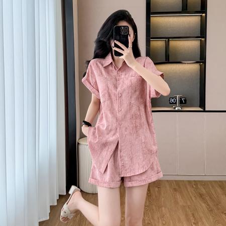 BY13013# 夏季新款胖妹妹港风休闲套装时尚衬衫+短裤两件套套装 服裝批發女裝批發服飾貨源