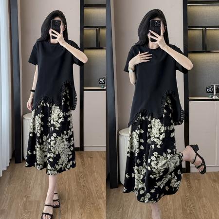 BY13014# 大码女装夏季新款时尚显瘦流苏短袖上衣碎花阔腿裙裤两件套装 服裝批發女裝批發服飾貨源