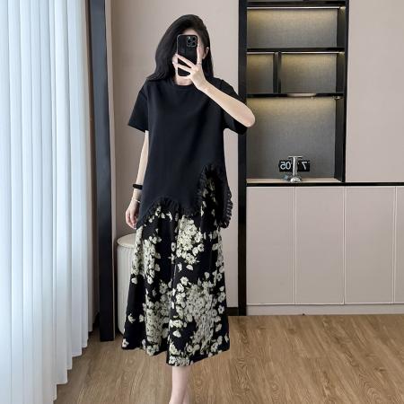 BY13014# 大码女装夏季新款时尚显瘦流苏短袖上衣碎花阔腿裙裤两件套装 服裝批發女裝批發服飾貨源