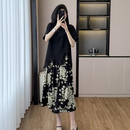 BY13014# 大码女装夏季新款时尚显瘦流苏短袖上衣碎花阔腿裙裤两件套装 服裝批發女裝批發服飾貨源