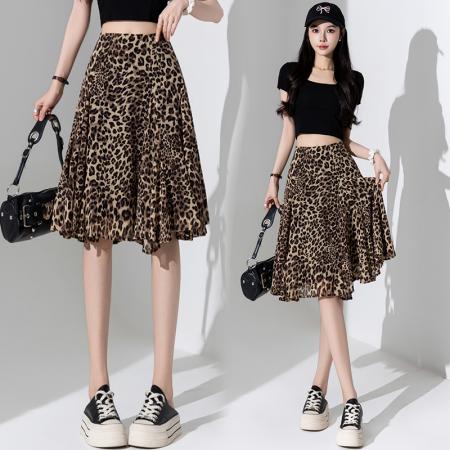 BY13015# 咖色豹纹垂感半身裙女夏季高腰气质a字显瘦休闲荷叶边中裙 服裝批發女裝批發服飾貨源