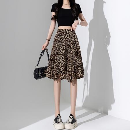 BY13015# 咖色豹纹垂感半身裙女夏季高腰气质a字显瘦休闲荷叶边中裙 服裝批發女裝批發服飾貨源