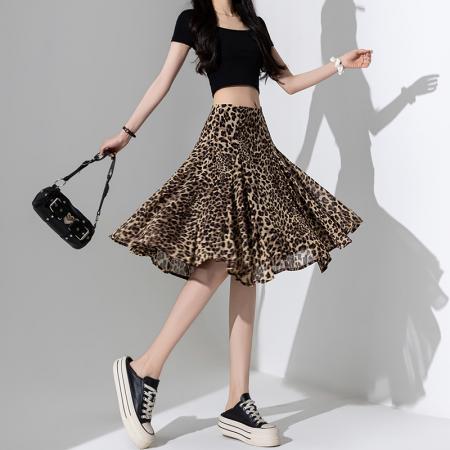 BY13015# 咖色豹纹垂感半身裙女夏季高腰气质a字显瘦休闲荷叶边中裙 服裝批發女裝批發服飾貨源