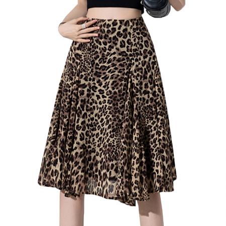 BY13015# 咖色豹纹垂感半身裙女夏季高腰气质a字显瘦休闲荷叶边中裙 服裝批發女裝批發服飾貨源