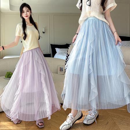 BY13017# 春夏款A字中长裙荷叶边中长款纱裙超仙半身裙 服裝批發女裝批發服飾貨源