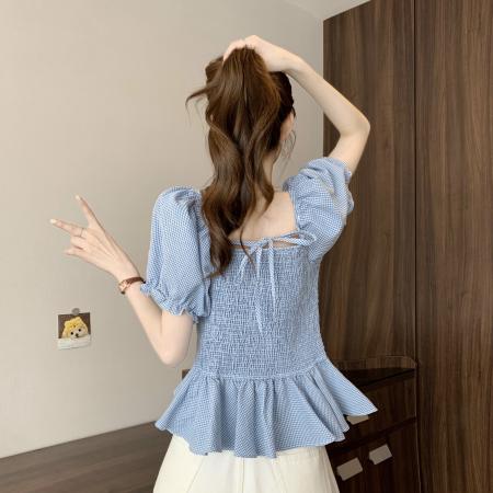 BY13019# 新版韩风设计感一字肩泡泡袖格子荷叶边衬衫上衣 服裝批發女裝批發服飾貨源