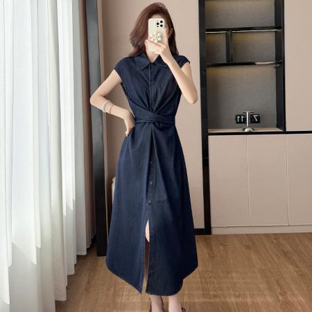 BY13020# 春夏新款复古老钱风交叉扭花绑带牛仔连衣裙显瘦休闲长裙 服裝批發女裝批發服飾貨源