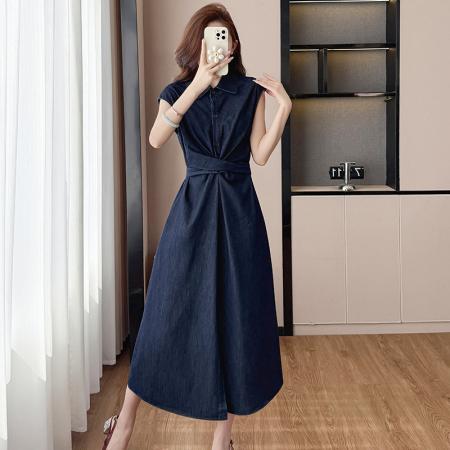 BY13020# 春夏新款复古老钱风交叉扭花绑带牛仔连衣裙显瘦休闲长裙 服裝批發女裝批發服飾貨源