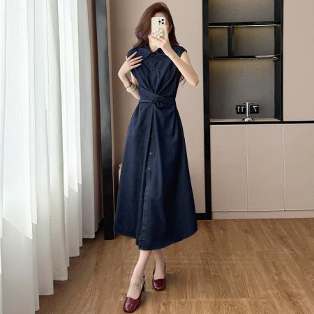 BY13020# 春夏新款复古老钱风交叉扭花绑带牛仔连衣裙显瘦休闲长裙 服裝批發女裝批發服飾貨源