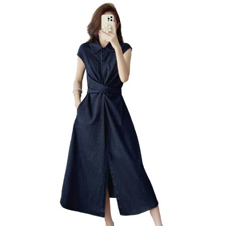 BY13020# 春夏新款复古老钱风交叉扭花绑带牛仔连衣裙显瘦休闲长裙 服裝批發女裝批發服飾貨源