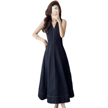 BY13021# 春夏新款复古牛仔V领设计感连衣裙高级显瘦长裙女 服裝批發女裝批發服飾貨源