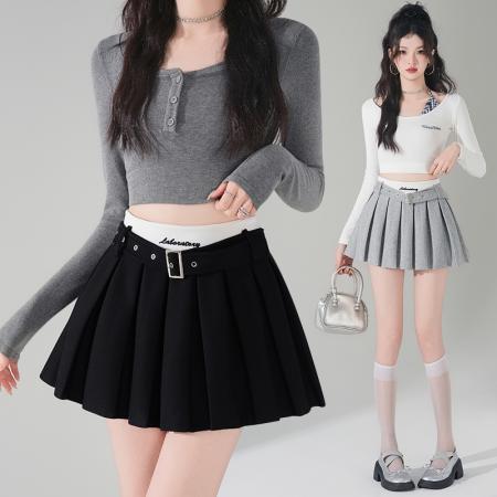 BY13022# 刺绣字母撞色高腰半身裙时尚百褶裙防走光百搭短裙a字裙 服裝批發女裝批發服飾貨源