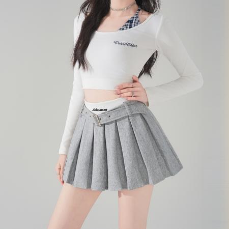 BY13022# 刺绣字母撞色高腰半身裙时尚百褶裙防走光百搭短裙a字裙 服裝批發女裝批發服飾貨源