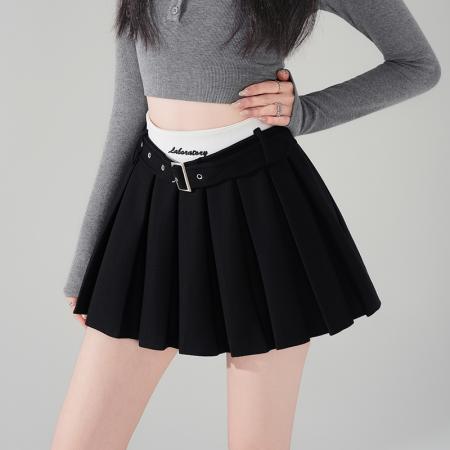 BY13022# 刺绣字母撞色高腰半身裙时尚百褶裙防走光百搭短裙a字裙 服裝批發女裝批發服飾貨源