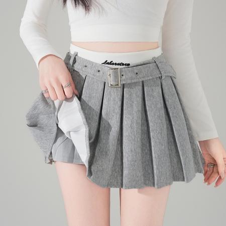 BY13022# 刺绣字母撞色高腰半身裙时尚百褶裙防走光百搭短裙a字裙 服裝批發女裝批發服飾貨源