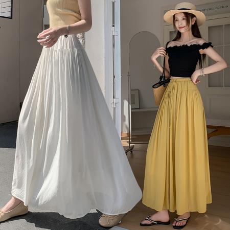 BY13024# 新款夏季纯色a字大摆飘逸感天丝褶皱绑带半身裙a字中长裙女 服裝批發女裝批發服飾貨源