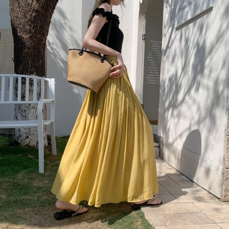 BY13024# 新款夏季纯色a字大摆飘逸感天丝褶皱绑带半身裙a字中长裙女 服裝批發女裝批發服飾貨源