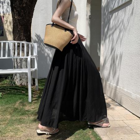 BY13024# 新款夏季纯色a字大摆飘逸感天丝褶皱绑带半身裙a字中长裙女 服裝批發女裝批發服飾貨源