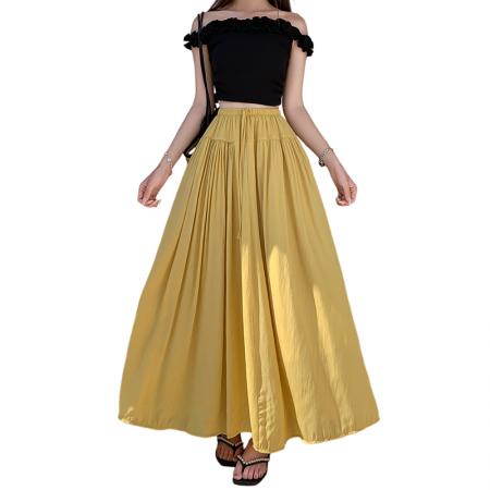 BY13024# 新款夏季纯色a字大摆飘逸感天丝褶皱绑带半身裙a字中长裙女 服裝批發女裝批發服飾貨源