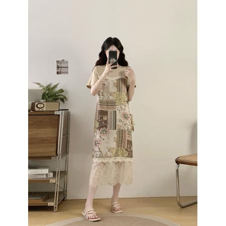 BY13026# 大码女装夏季新款法式轻奢复古洋气蕾丝拼接假两件连衣裙 服裝批發女裝批發服飾貨源