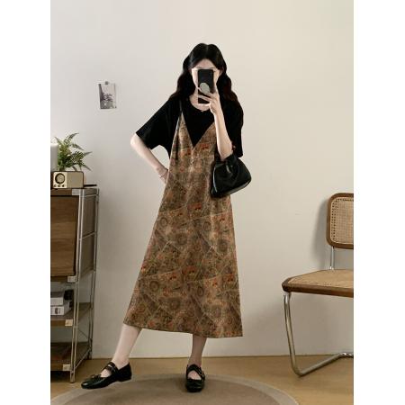 BY13028# 大码女装夏季新款法式复古轻奢洋气假两件宽松显瘦连衣裙 服裝批發女裝批發服飾貨源