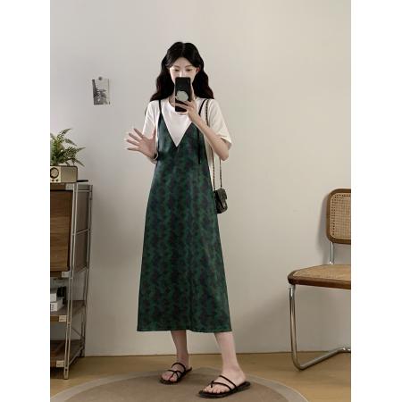 BY13028# 大码女装夏季新款法式复古轻奢洋气假两件宽松显瘦连衣裙 服裝批發女裝批發服飾貨源