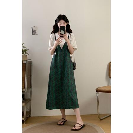 BY13028# 大码女装夏季新款法式复古轻奢洋气假两件宽松显瘦连衣裙 服裝批發女裝批發服飾貨源