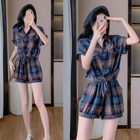 BY13032# 大码女装夏季新款时尚洋气格子衬衫上衣+短裤两件套套装 服裝批發女裝批發服飾貨源