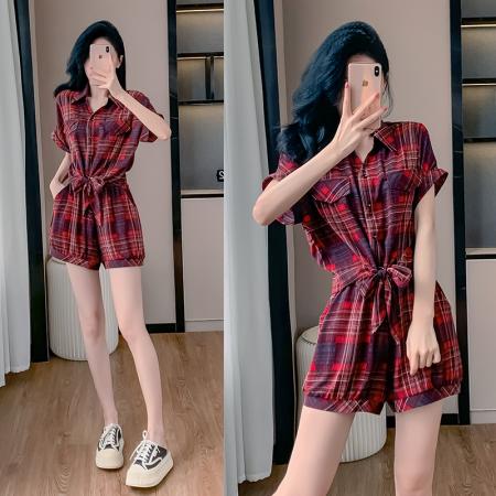 BY13032# 大码女装夏季新款时尚洋气格子衬衫上衣+短裤两件套套装 服裝批發女裝批發服飾貨源