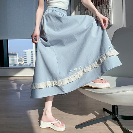 BY13035# 洗水棉半身裙夏季显瘦高腰花朵气质中长款花边裙长裙子 服裝批發女裝批發服飾貨源